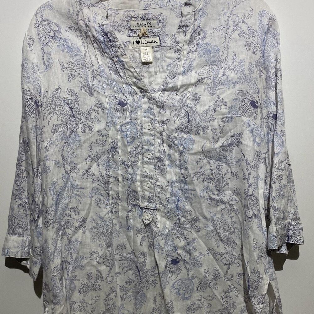 Malvin Hamburg Germany Blue White Floral Linen Tunic Top Roll Tab Sleeve Medium